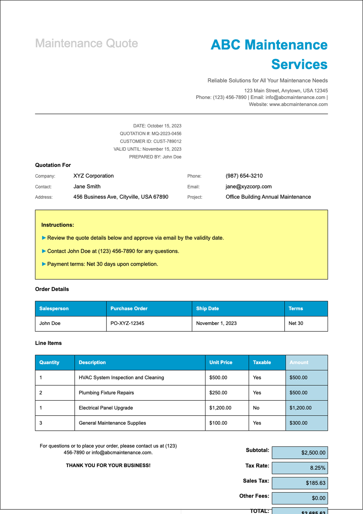 Maintenance quote template with blue headers and tax calculation section_variant_3